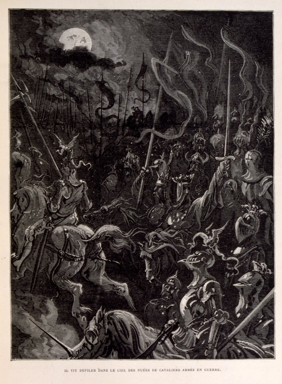 Ilustrace rytířů v bitvě za měsíčního večera. od Gustave Dore
