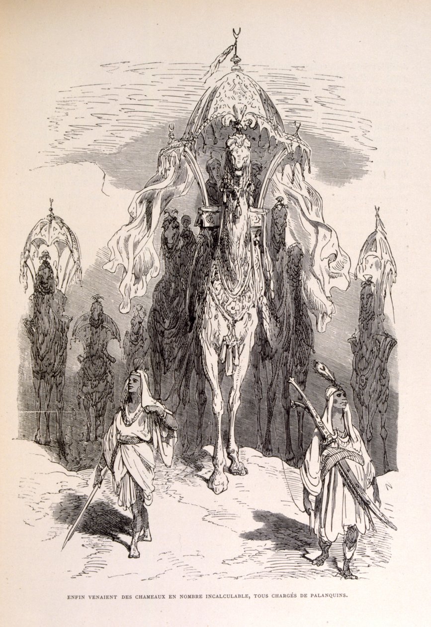 Ilustrace orientálního velbloudího vlaku se služebnictvem a kočárem. od Gustave Dore