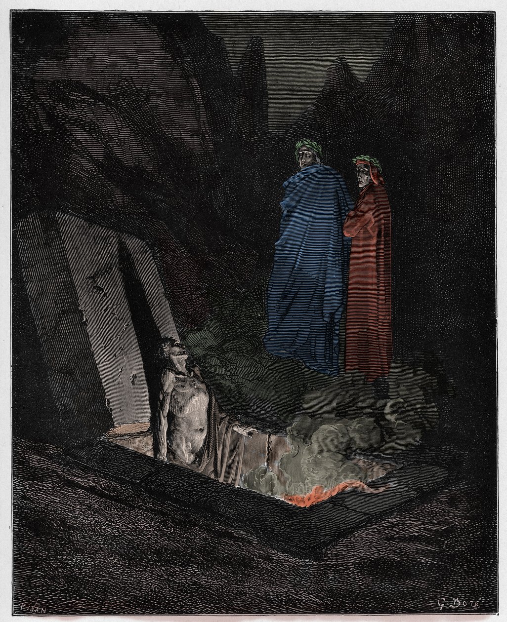 Inferno, Canto 10: Farinata degli Uberti oslovuje Danteho, ilustrace z „Božské komedie“ od Dante Alighieriho, 1885 od Gustave Dore
