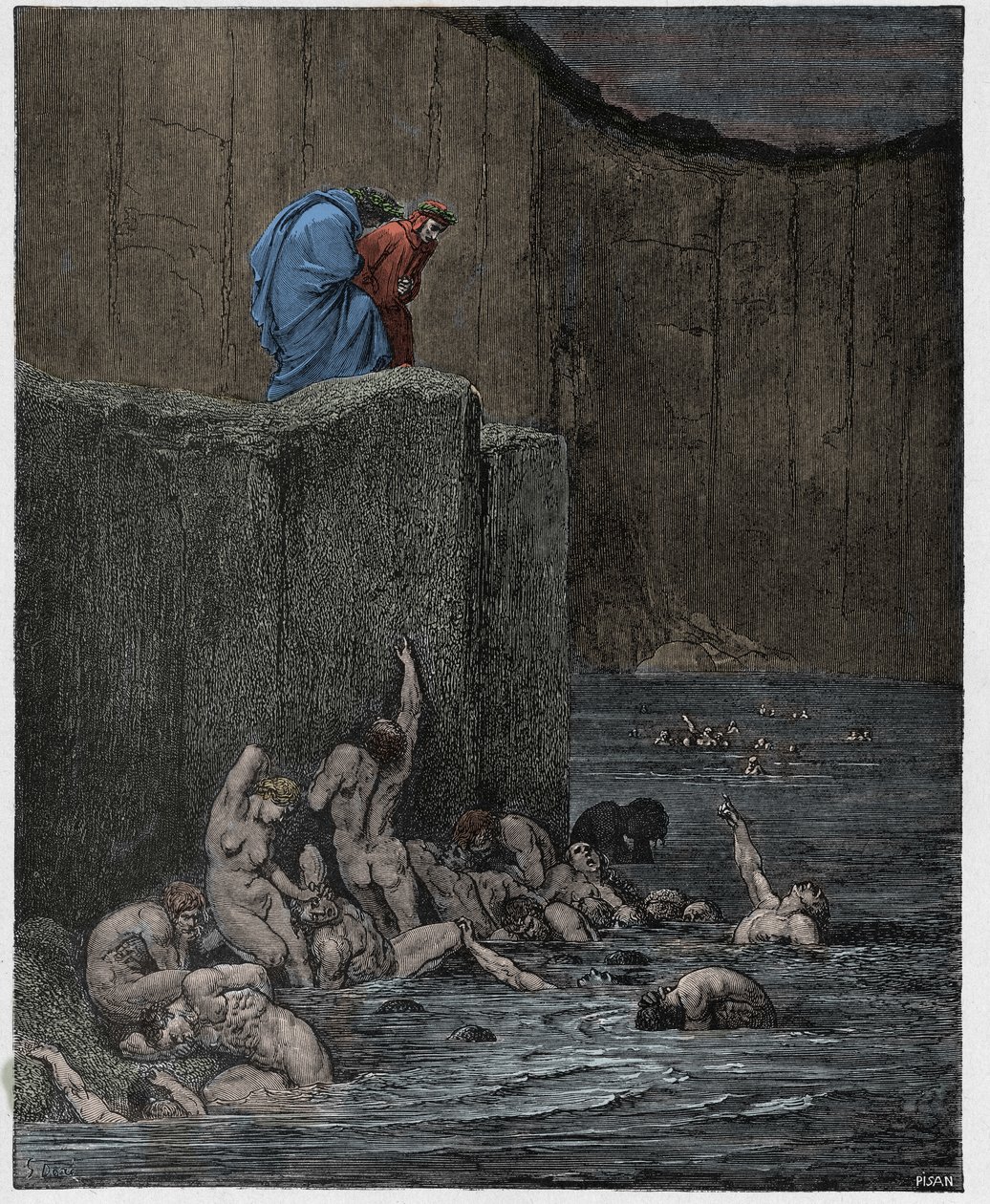 Inferno, Canto 18: Milenci a lichotníci v osmém kruhu, ilustrace z „Božské komedie“ od Dante Alighieriho, 1885 od Gustave Dore