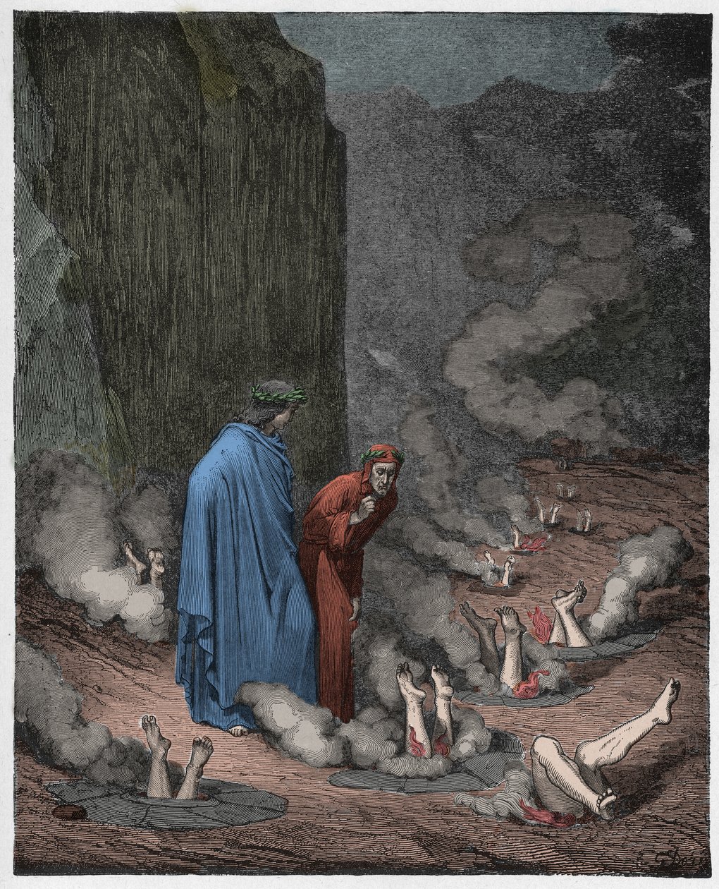 Inferno, Canto 19: Dante kárá papeže Nicholase III od Gustave Dore