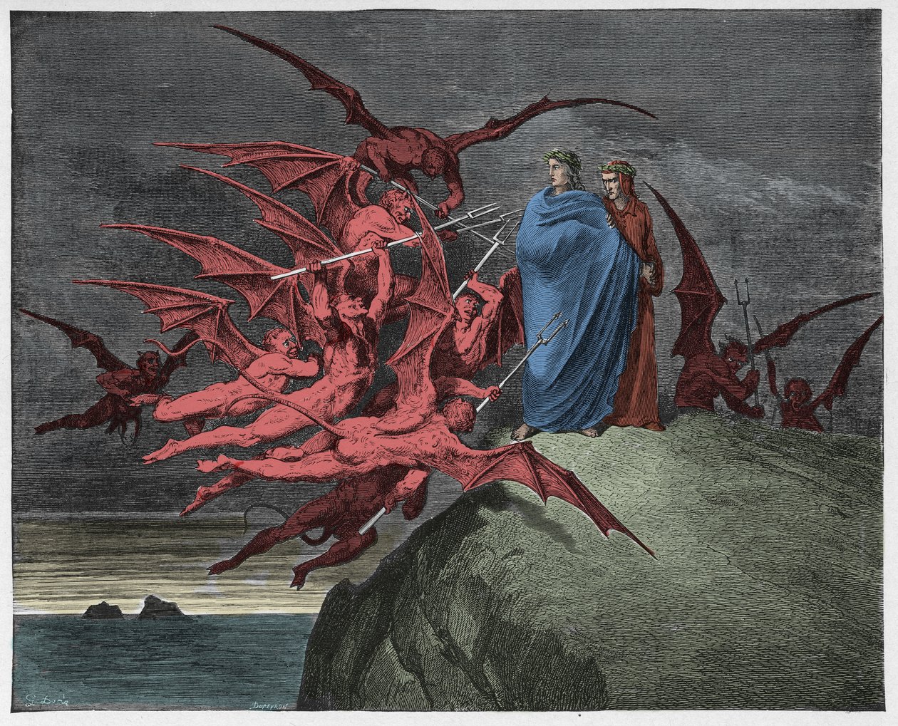 Inferno, Canto 21: Démoni ohrožují Virgila, ilustrace z „Božské komedie“ od Dante Alighieriho, 1885 od Gustave Dore
