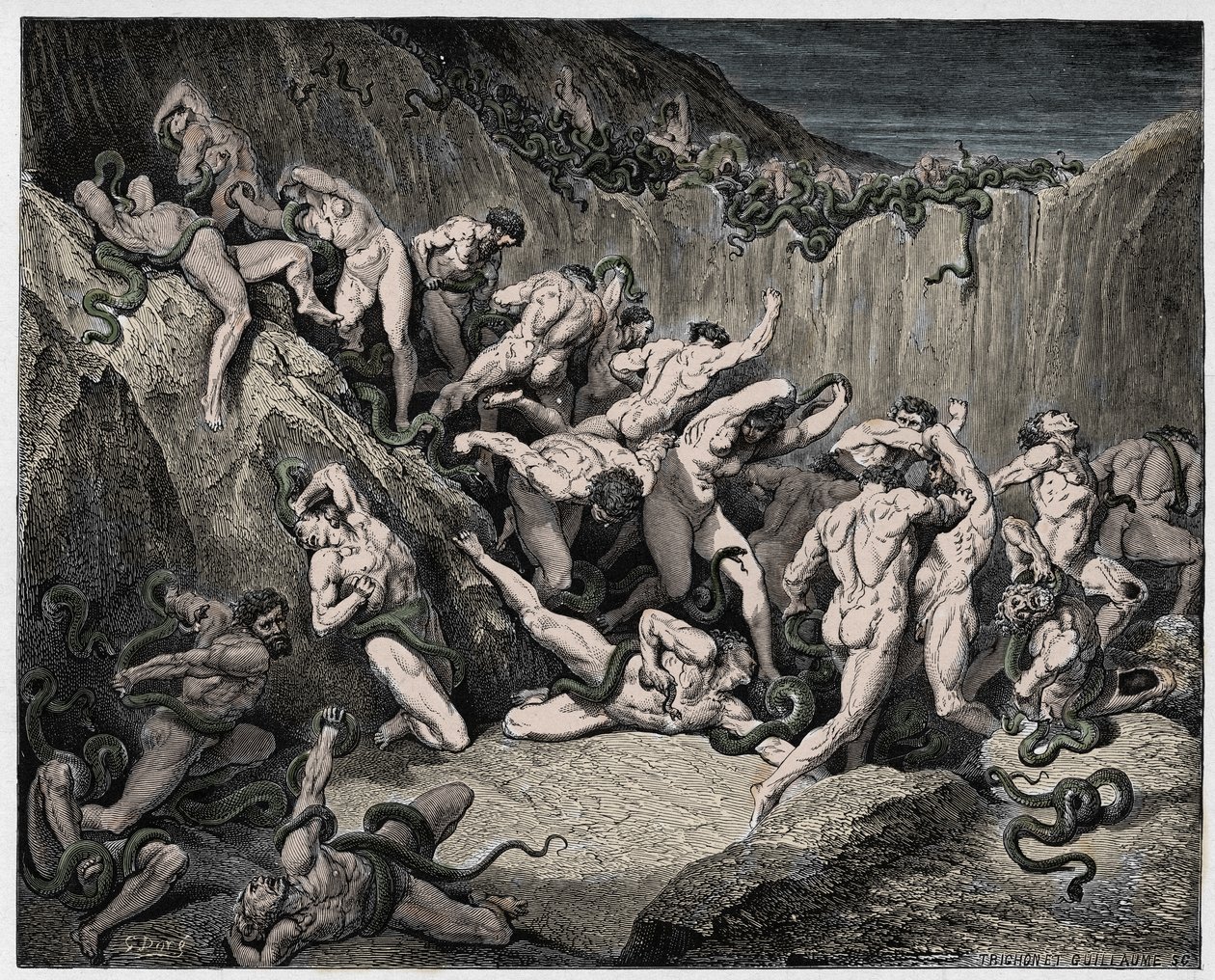 Inferno, Canto 24: Zloději mučení hady, ilustrace z „Božské komedie“ od Dante Alighieriho, 1885 od Gustave Dore
