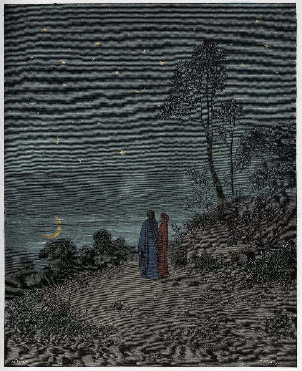Inferno, Canto 2: Stmívající se obloha první noci, ilustrace z „Božské komedie“ od Dante Alighieriho, 1885 od Gustave Dore