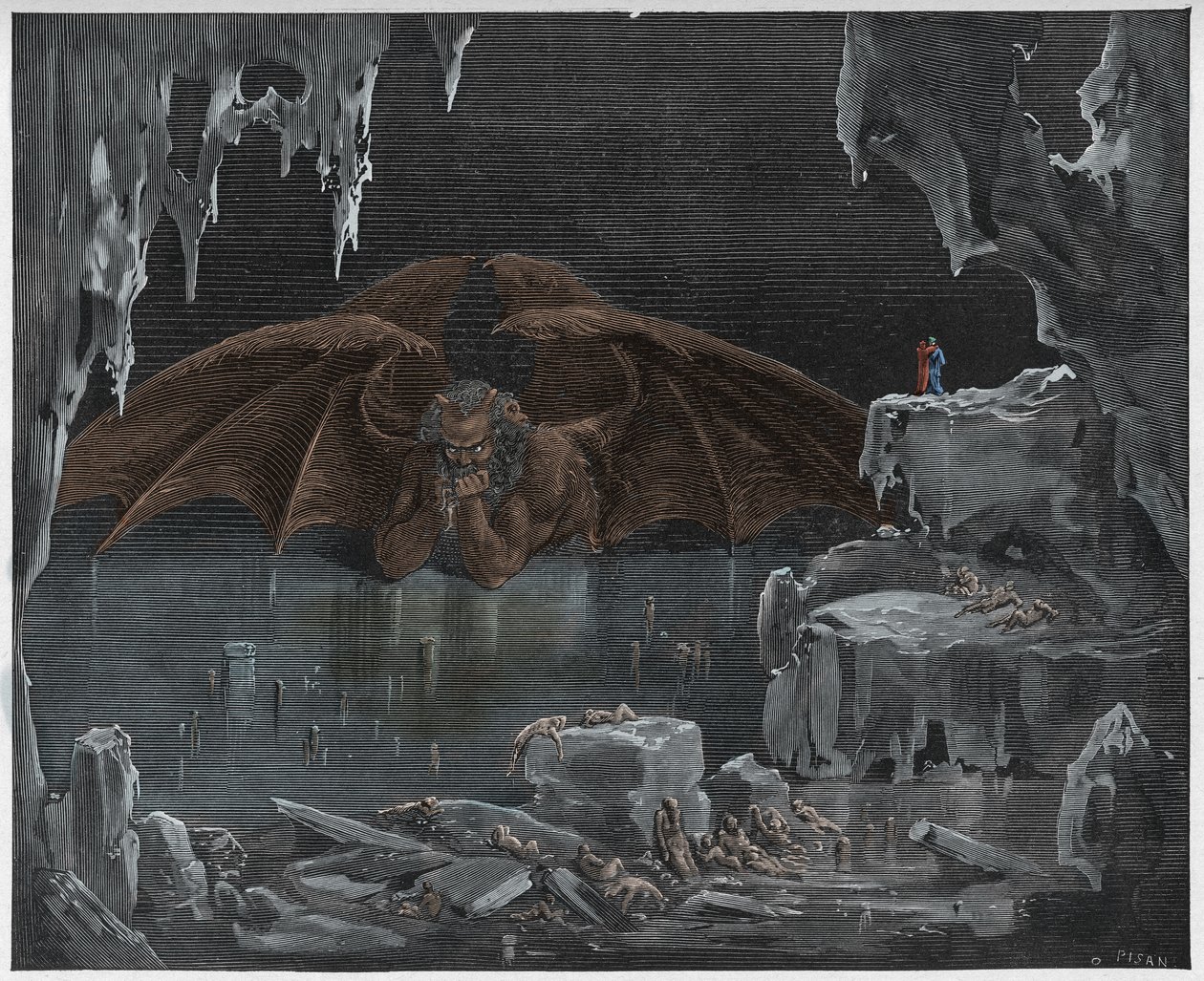 Inferno, Canto 34: Lucifer, král pekel, zmrazený v ledu, ilustrace z „Božské komedie“ od Dante Alighieriho, 1885 od Gustave Dore