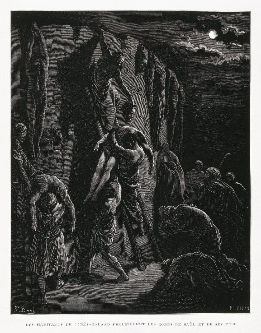 Jabešsko-Gileádští vyzvedávají těla Saula a jeho synů, ilustrace z Bible Doreovy od Gustave Dore