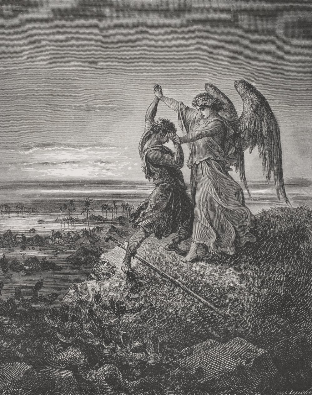 Jákob zápasí s andělem, Genesis 32:24-32, ilustrace z Doreovy "Bible svaté", vyryl Laplante, 1866 od Gustave Dore