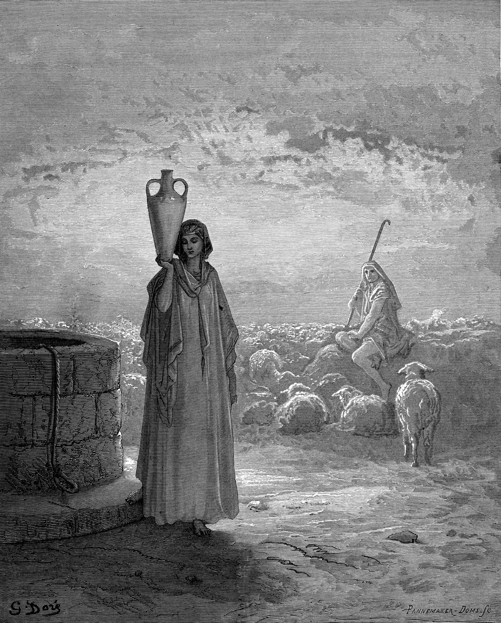 Jacob, který drží Labanova stáda, vidí Rachel u studny, 1866 od Gustave Dore