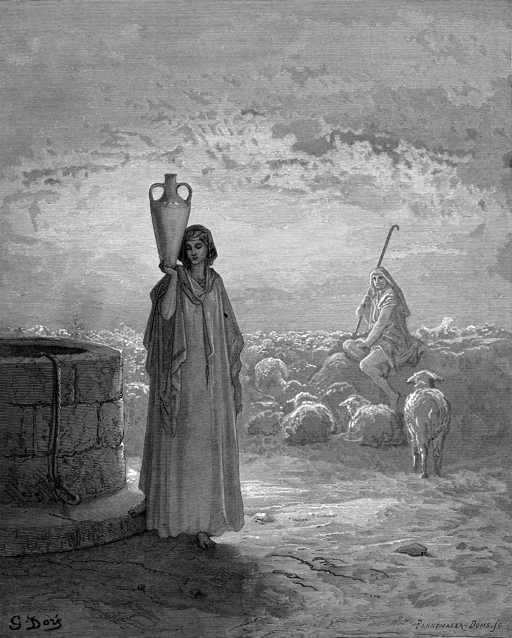 Jákob, který drží Labanova stáda, vidí Ráchel u studny. Genesis 29. Z ilustrované Bible Gustava Dorea 1866. Dřevoryt od Gustave Dore