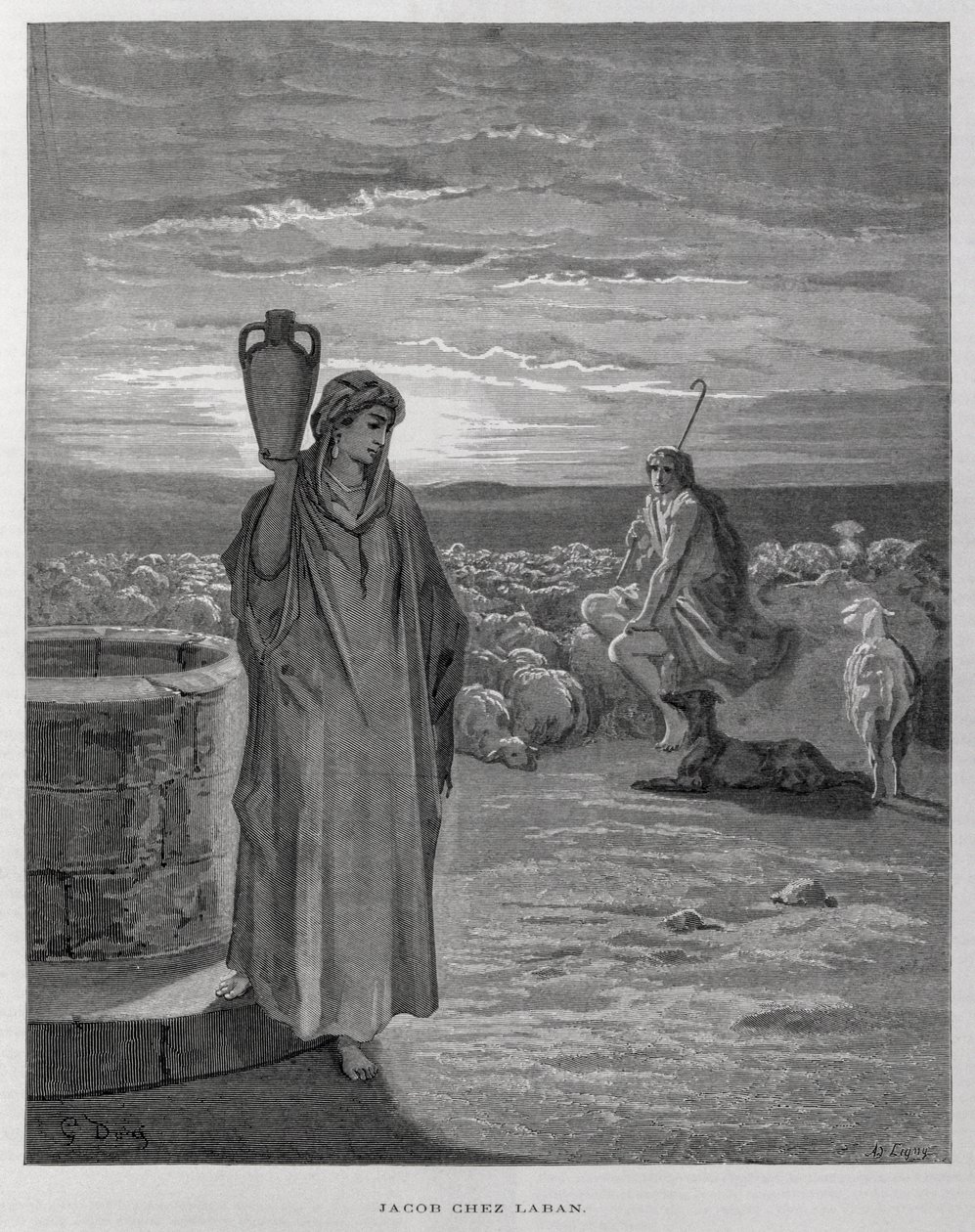 Jákob vidí Ráchel u studny v Lábanově domě, Ilustrace z Doreovy Bible. od Gustave Dore