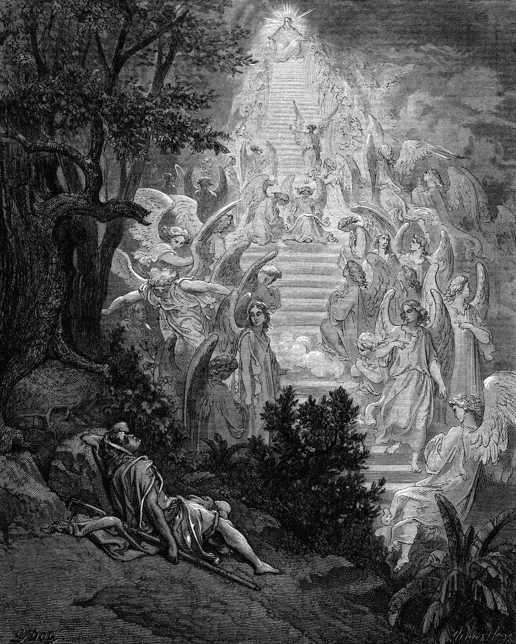Jacobs snil o schodech vedoucích do nebe s Bohem na vrcholu, 1865-1866 od Gustave Dore