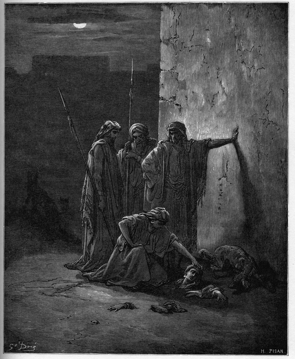 Jehuovi společníci nalézající ostatky Jezábel”” - dřevorytina do Bible od Gustava Dore - Jehuovi společníci nalézají hlavu Jezábel a extrémy - rytina v „The Bible illustree” od Gustava Dore (1832-1883) - rytina z “” The Dore Bible “” od Gustave Dore