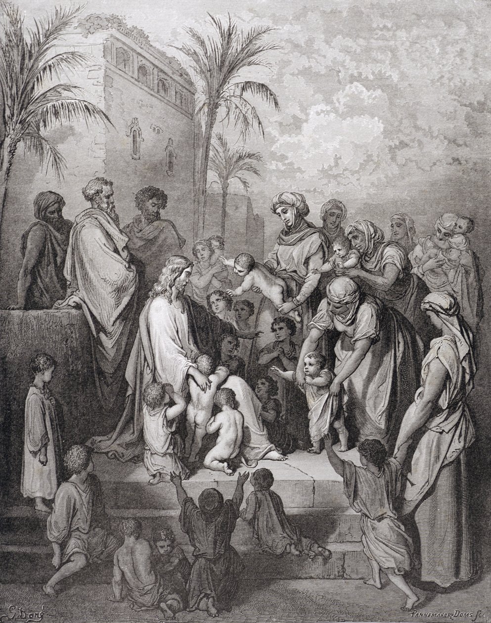 Jesus Blessing the Children, vyrytý Stephanem Pannemakerem (1847-1930) kolem roku 1868 od Gustave Dore