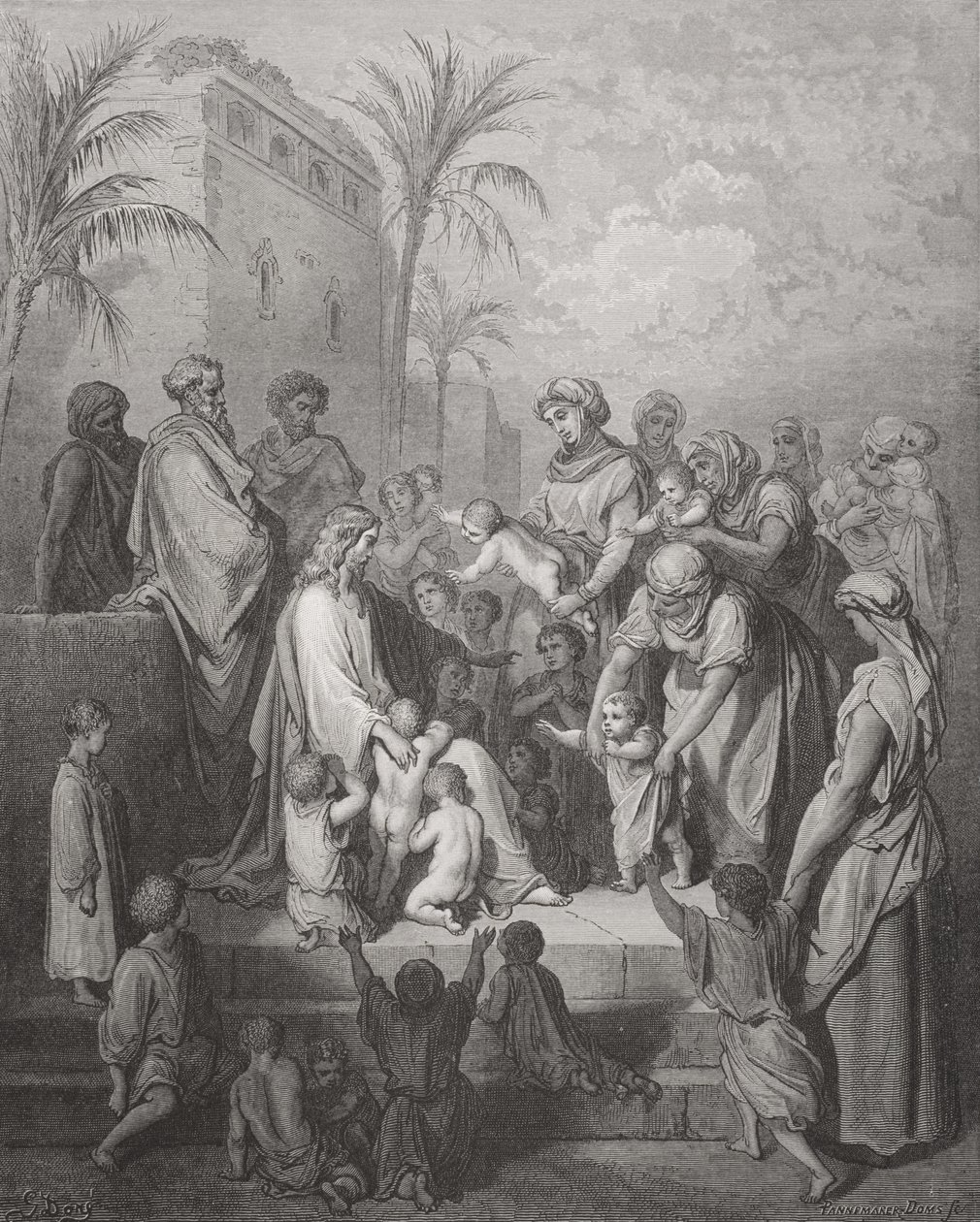 Ježíš žehná dětem, ilustrace z Doreovy "Bible svaté", vyryl Pannemaker, 1866 od Gustave Dore