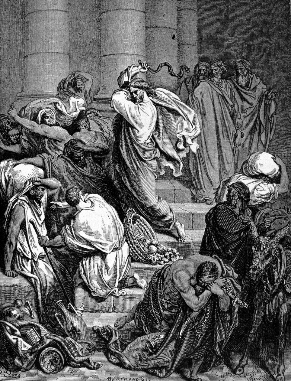 Ježíš Kristus pronásleduje obchodníky v chrámu. Ilustrace Gustava Doré. od Gustave Dore