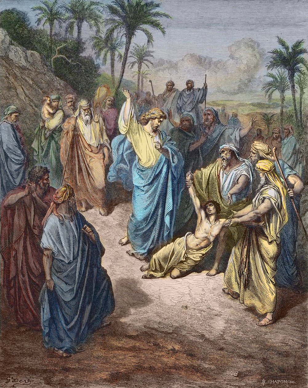 Ježíš Kristus válčící s mladým posedlým démonem - Ježíš uzdravující šílence - Barevná rytina podle Gustava Dorea. od Gustave Dore
