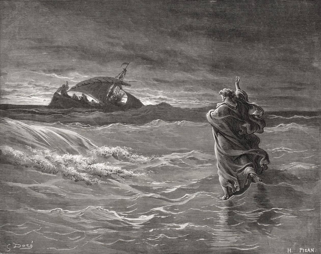Jesus Walking on the Sea, Jan 6:19-21, ilustrace z Doreovy „Svaté bible“, vyryté Pisanem, 1866 od Gustave Dore