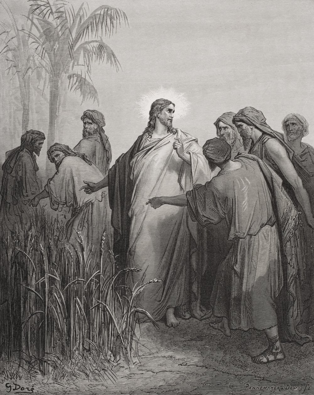 Ježíš a jeho učedníci na kukuřičném poli, ilustrace z Doreovy „Svaté bible“, vyryté Pannemakerem, 1866 od Gustave Dore