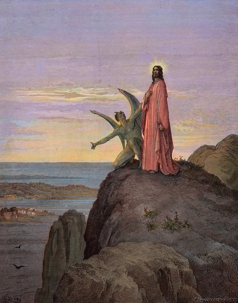Ježíš na poušti, vystaven pokušení ďábla - Pokušení Krista - Satan pokoušel Ježíše - rytina Gustava Dore - pozdější kolorování od Gustave Dore