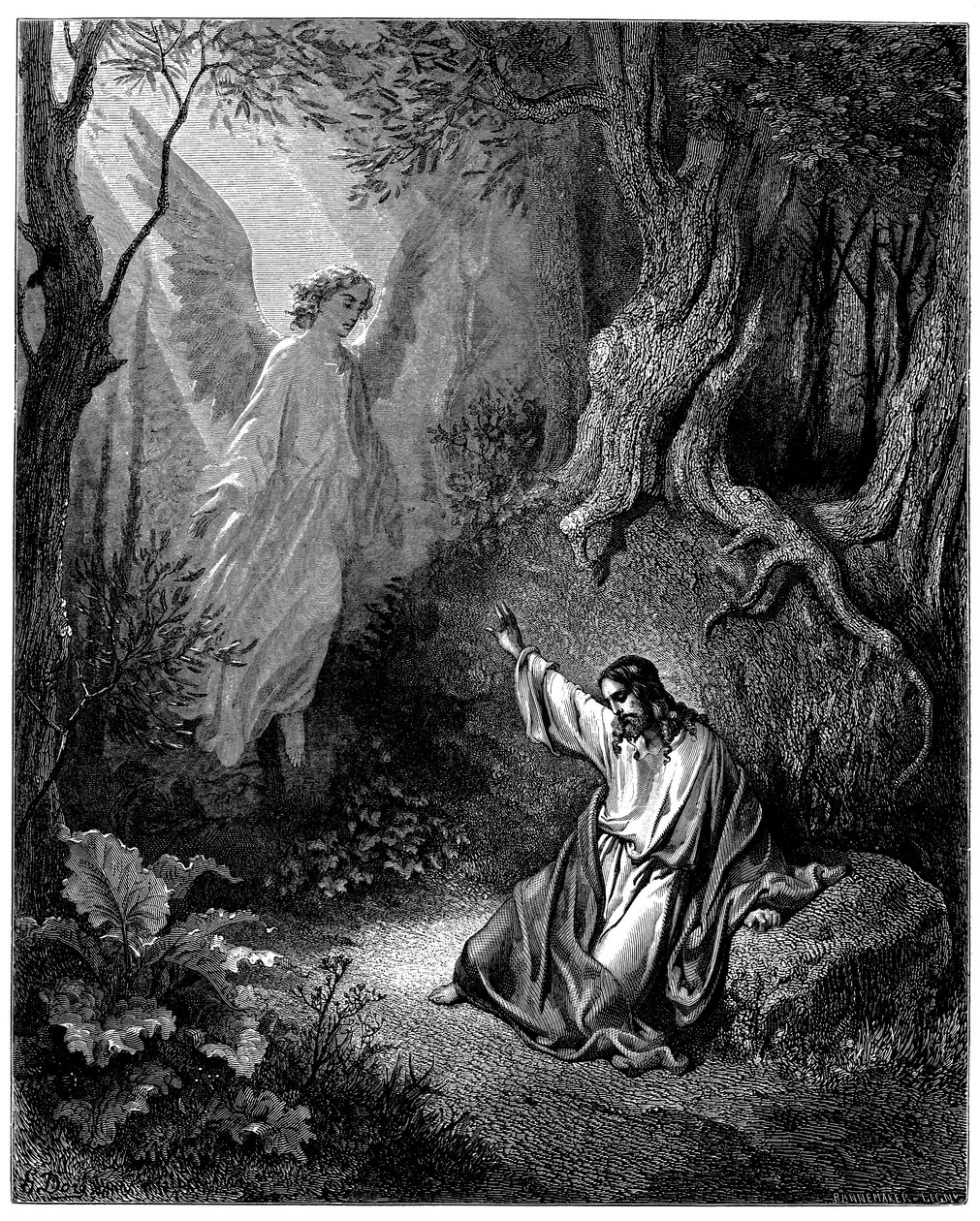 Ježíš na Olivové hoře: zjevuje se mu anděl, aby mu dodal odvahu - Ilustrace Gustave Dore pro The Bible - od Gustave Dore