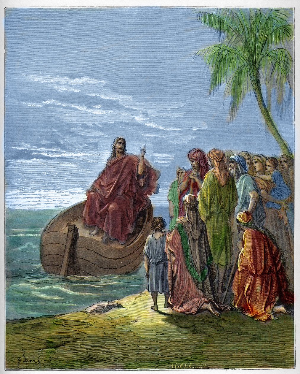 Ježíš káže na Genezaretském jezeře (Genezaret, Ginosar nebo Kinneret) (Tiberiádské jezero) (Galilejské jezero) - Ježíš káže u Galilejského jezera - - rytina v „The Bible illustree“ od Gustava Dore (1832-1883) - rytina z „ "Bible Dore"" od Gustave Dore