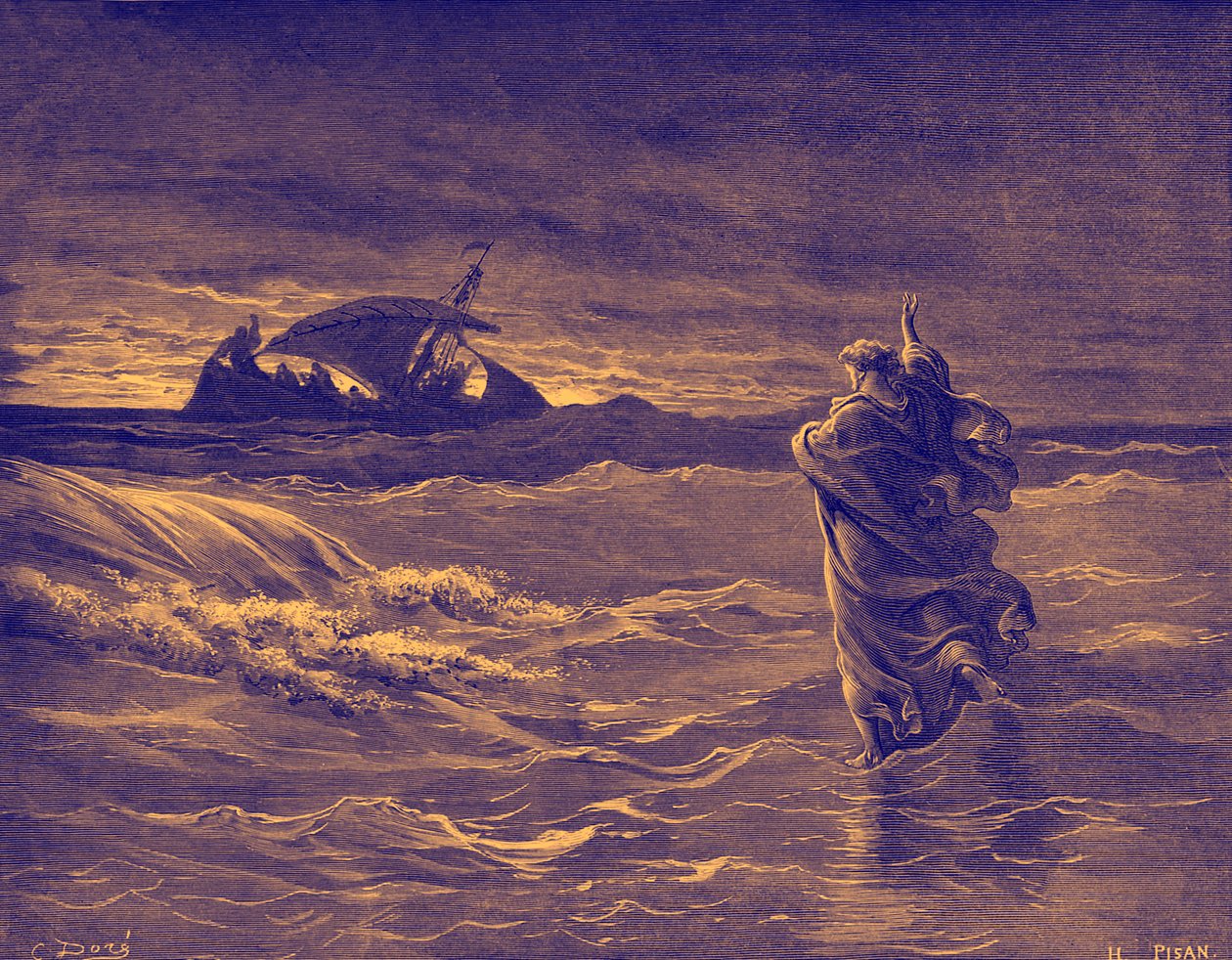 Ježíš chodí po moři - Bible od Gustave Dore