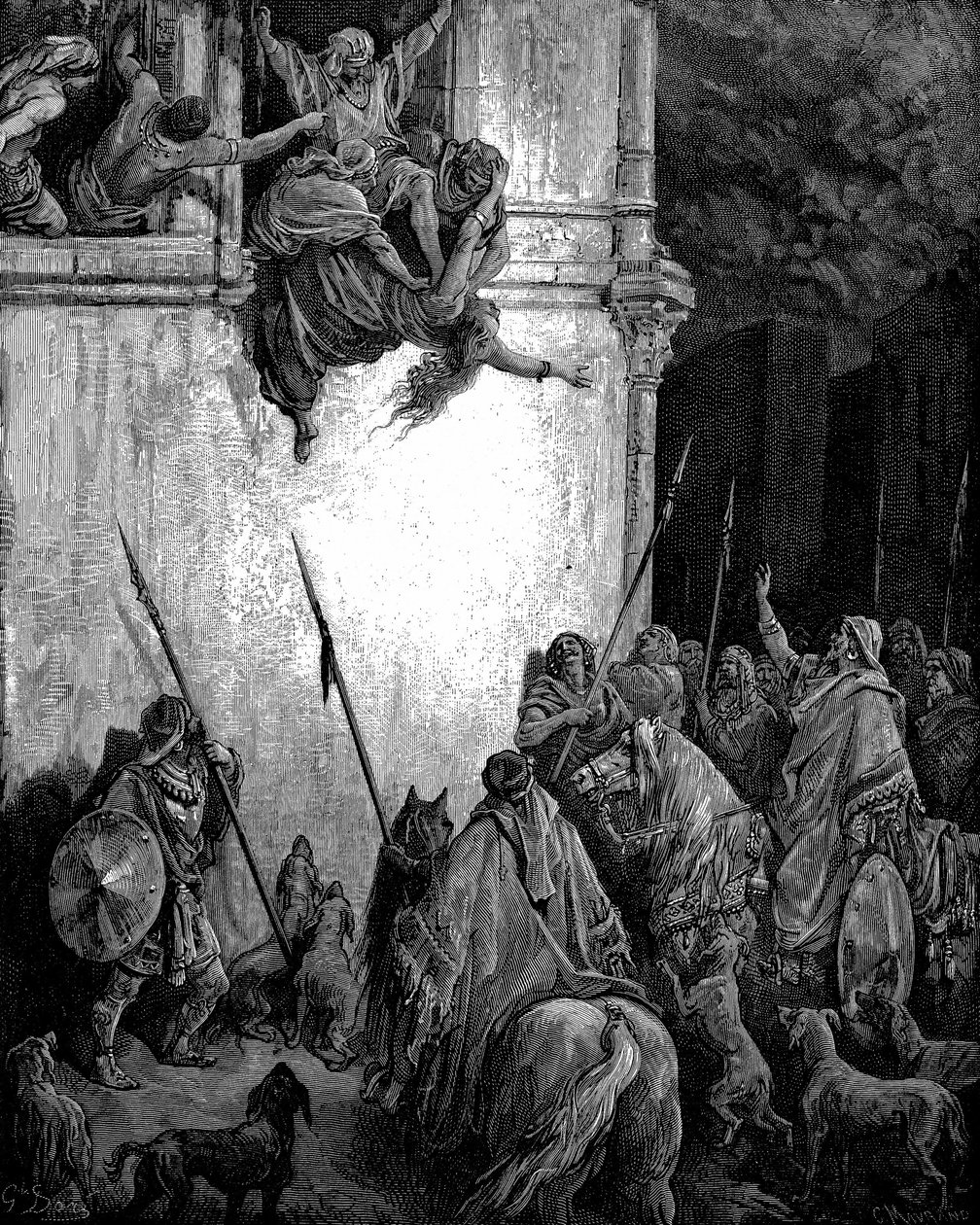 Jezábel, fénická princezna a manželka izraelského krále Achaba, je na Jehuův rozkaz vyhozena z okna a její tělo sežerou psi. 2 králové 9.33. Od Gustava Dorea ilustrovaná Bible 1866 Dřevoryt od Gustave Dore