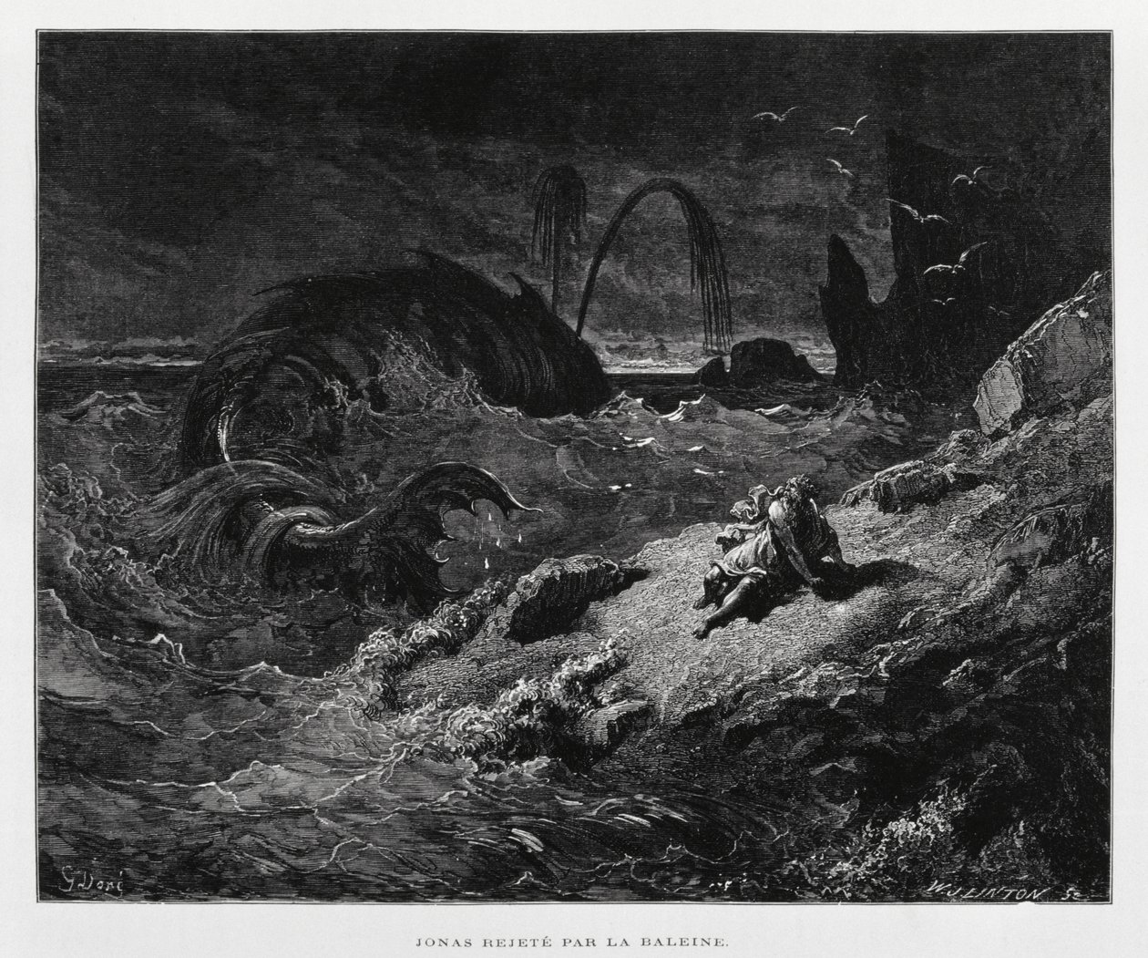Jonáš vyvržený velrybou na souš, Ilustrace z Doreho bible od Gustave Dore