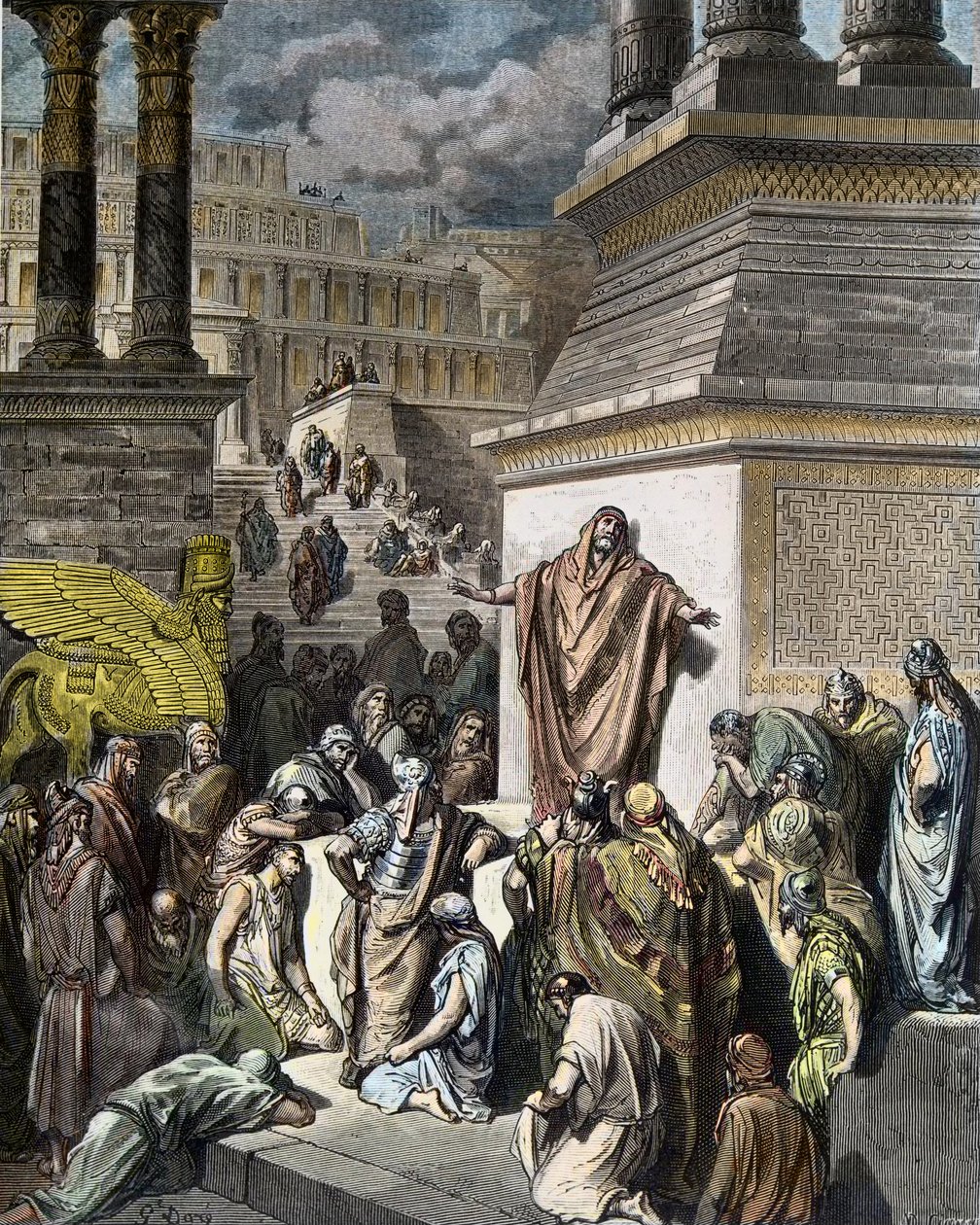 Jonah nabádá Ninivitesu k pokání – Jonah vybízí Ninivity, aby činili pokání – ilustrace z Gustava Dorea „The Holy Bible“, vyryla Pannemaker od Gustave Dore