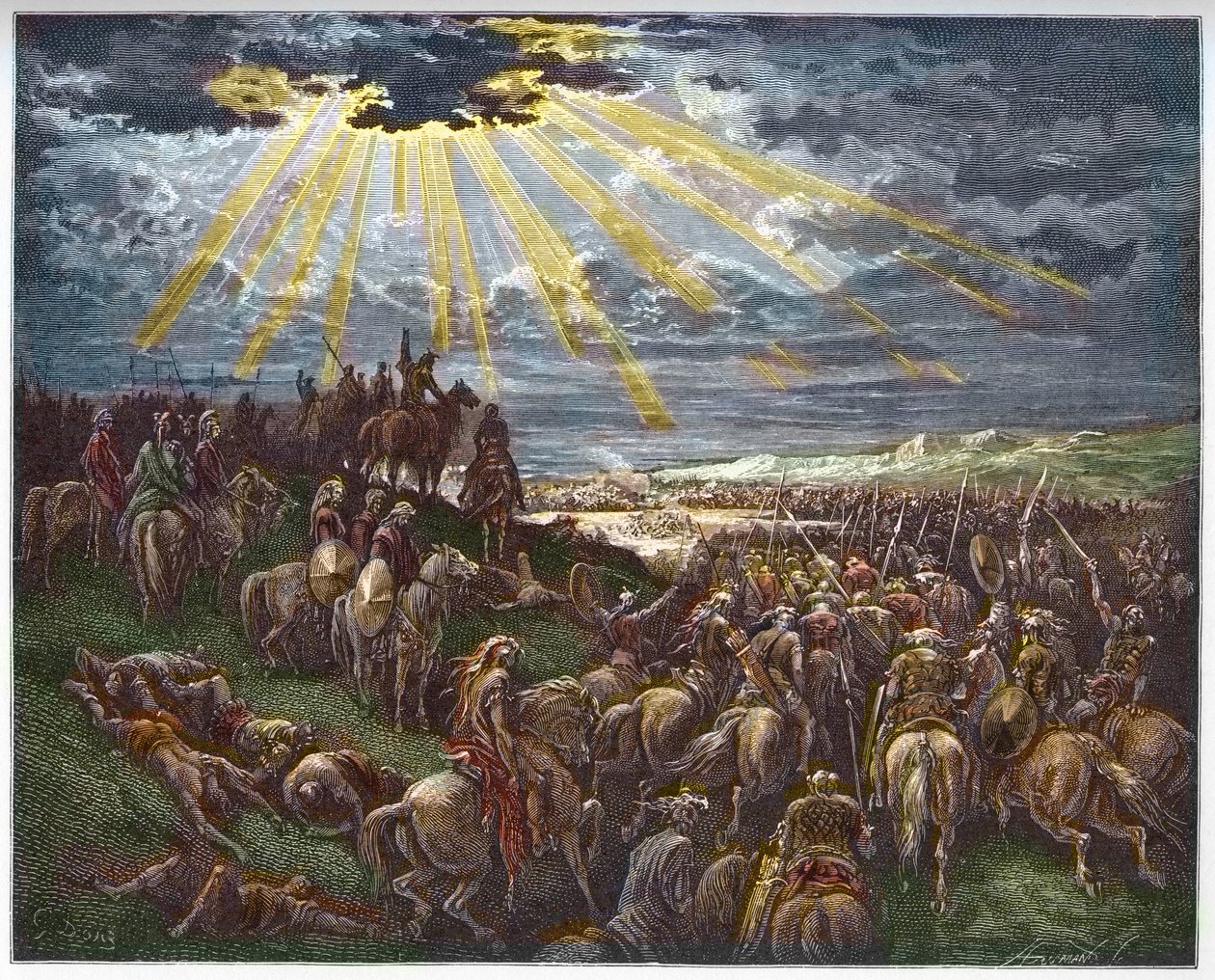Joshua přikazuje slunci stát v klidu – Josue arrete le soleil – rytina v „The Bible illustree“ od Gustava Dore (1832-1883) – rytina z „“The Dore Bible““ od Gustave Dore