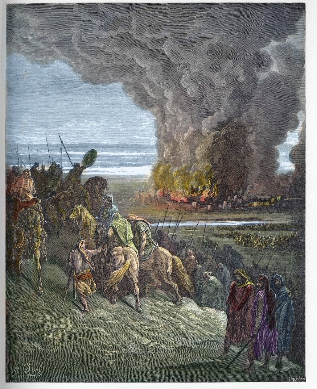 Joshua zapálil město Ai - Dobytí města Ai (Hai) od Josue (Josue Book to Flames the City of Ai) - rytina do „“The Bible illustree““ od Gustava Dore (1832-1883) - Rytina z ""The Dore Bible"" od Gustave Dore
