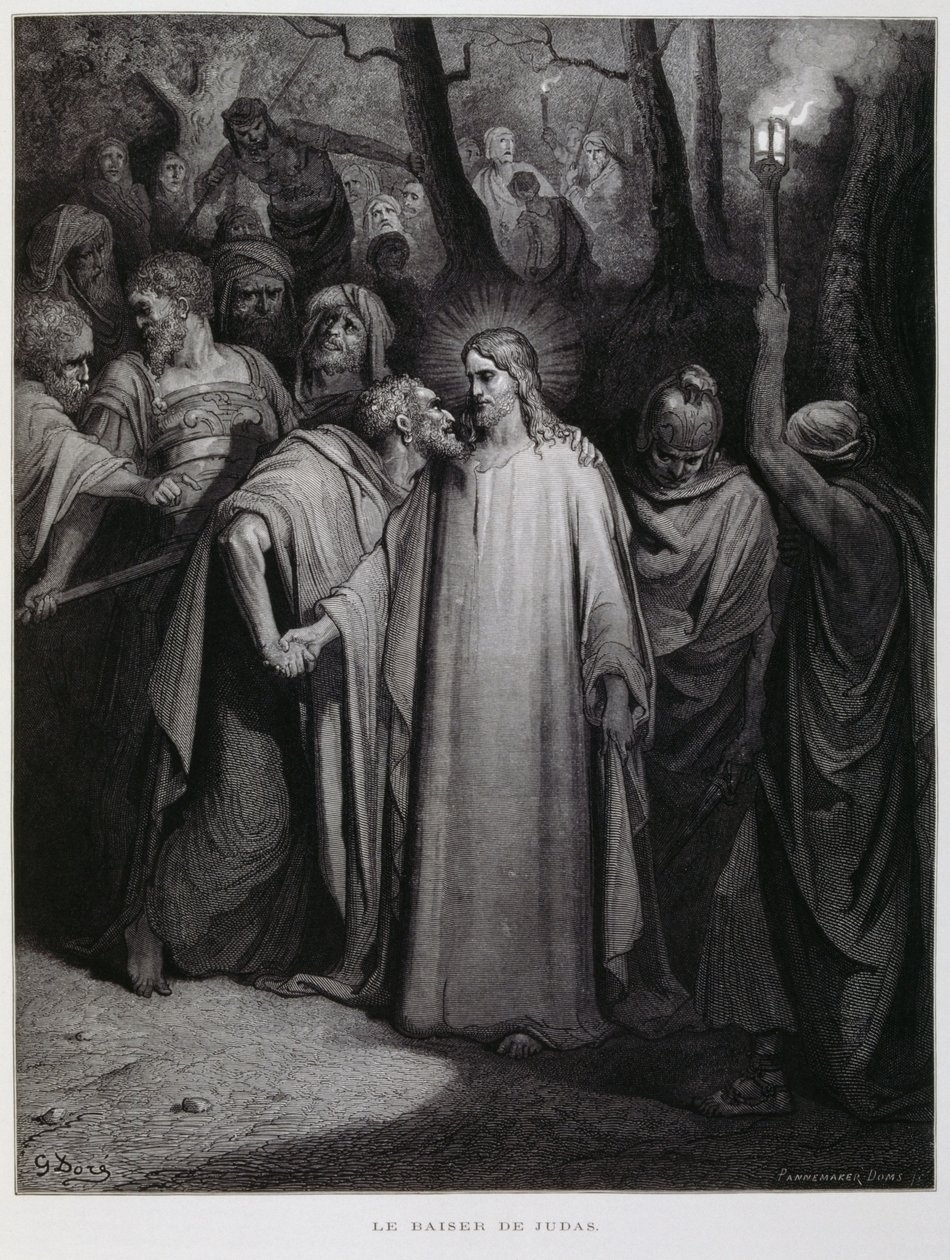 Jidáš zradil Ježíše polibkem; Ilustrace z Bible Doreho od Gustave Dore