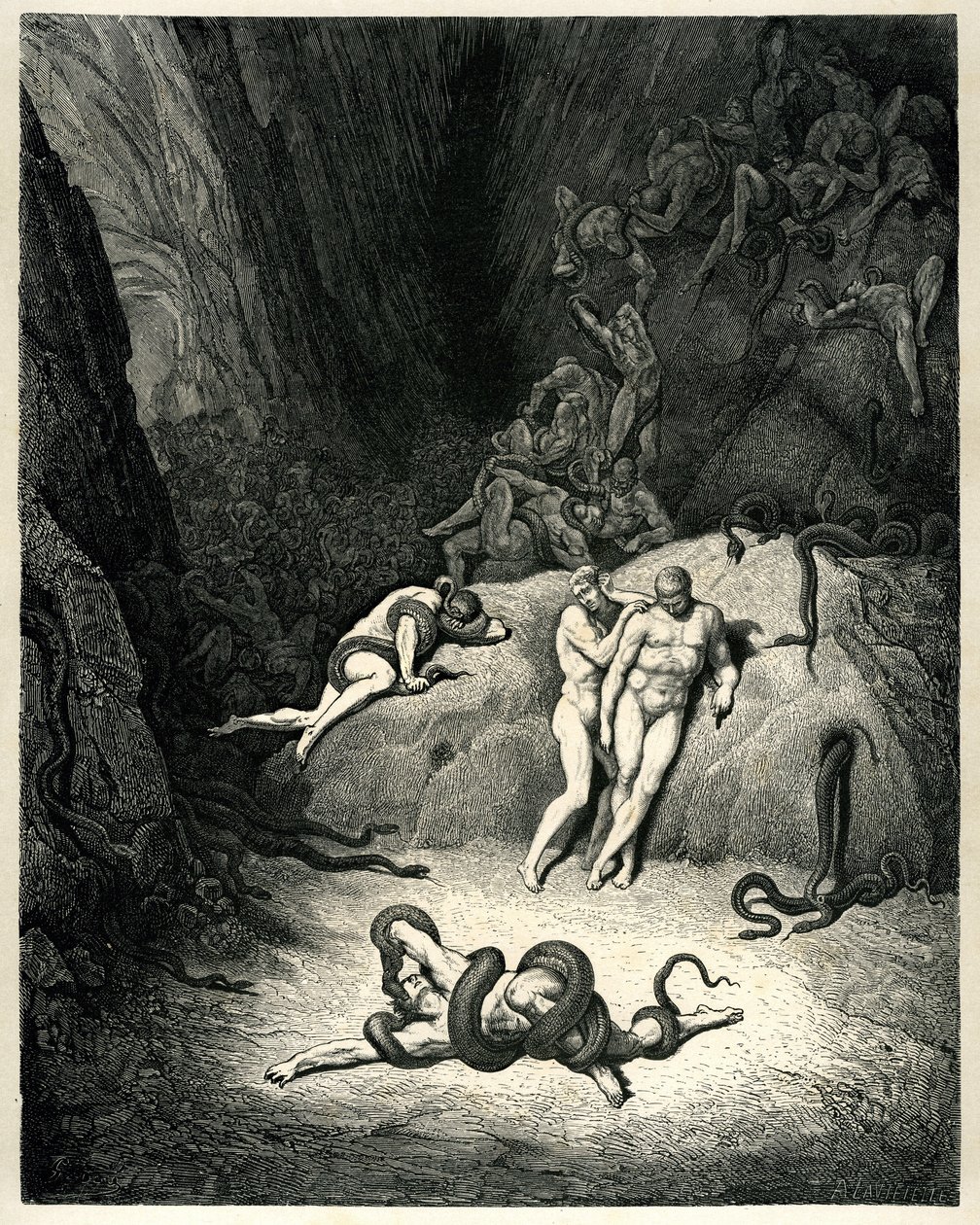 Peklo (La divina commedia) by Dante Alighieri illustrated by Gustave Dore. Edition Hachette 1861. Francouzský překlad Pier-Angelo Fiorentino. Gli altri duo riguardavano, e ciascuno - Gridava: O me, Anel, come ti muti! (Ostatní dva se na něj podívali a š od Gustave Dore