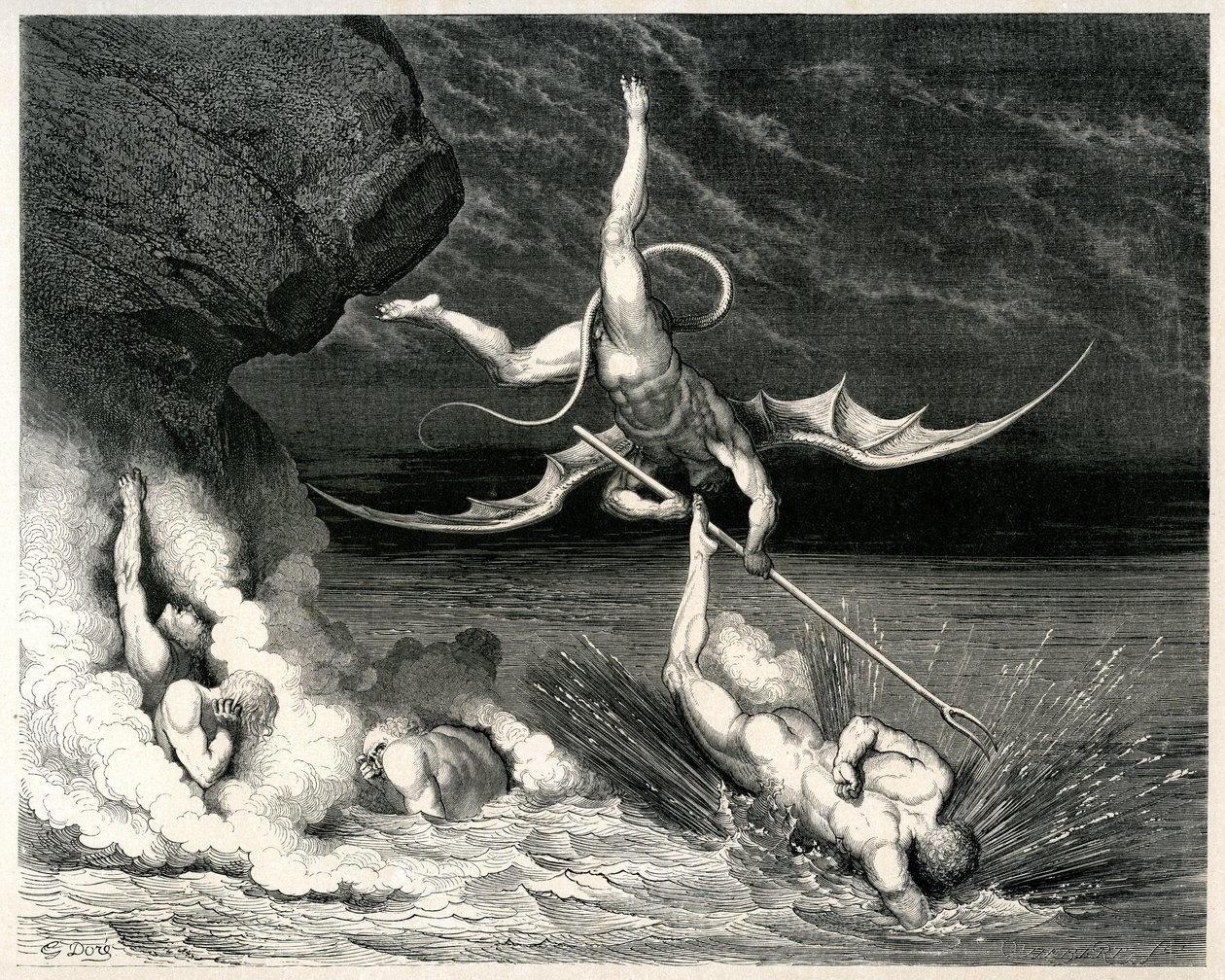 Peklo (La divina commedia) by Dante Alighieri illustrated by Gustave Dore. Edition Hachette 1861 - Démon - francouzský překlad Pier-Angelo Fiorentino.... Si mosse, e grido: Tu se 