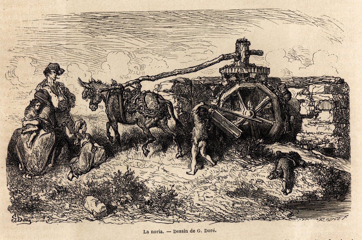 La noria, hydraulický stroj pro zvedání vodní hladiny pomocí energie produkované proudem, kresba Gustava Dorea (1832-1883), pro ilustraci jeho cesty do Španělska s C. Davillierem v roce 1862. Rytina v „“ Le tour du monde “”, editoval Edouard Charto od Gustave Dore