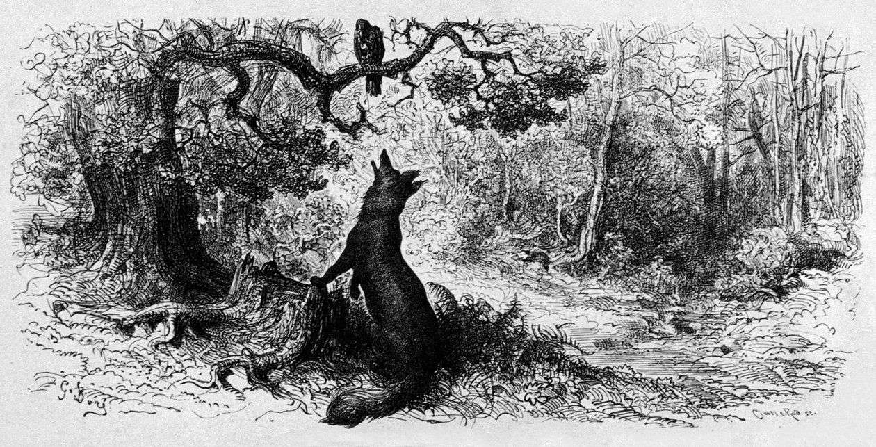 Havran a liška (rytina od Gustave Dore