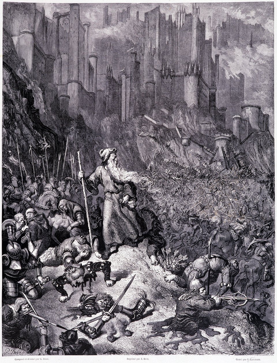 Bitvy, deska IX - Ilustrace Gustave Dore (1832-1883), pro putování La legende du Jeif od Pierra Duponta, vydání Librairie du Magasin Picturesque, Paříž 1862 od Gustave Dore