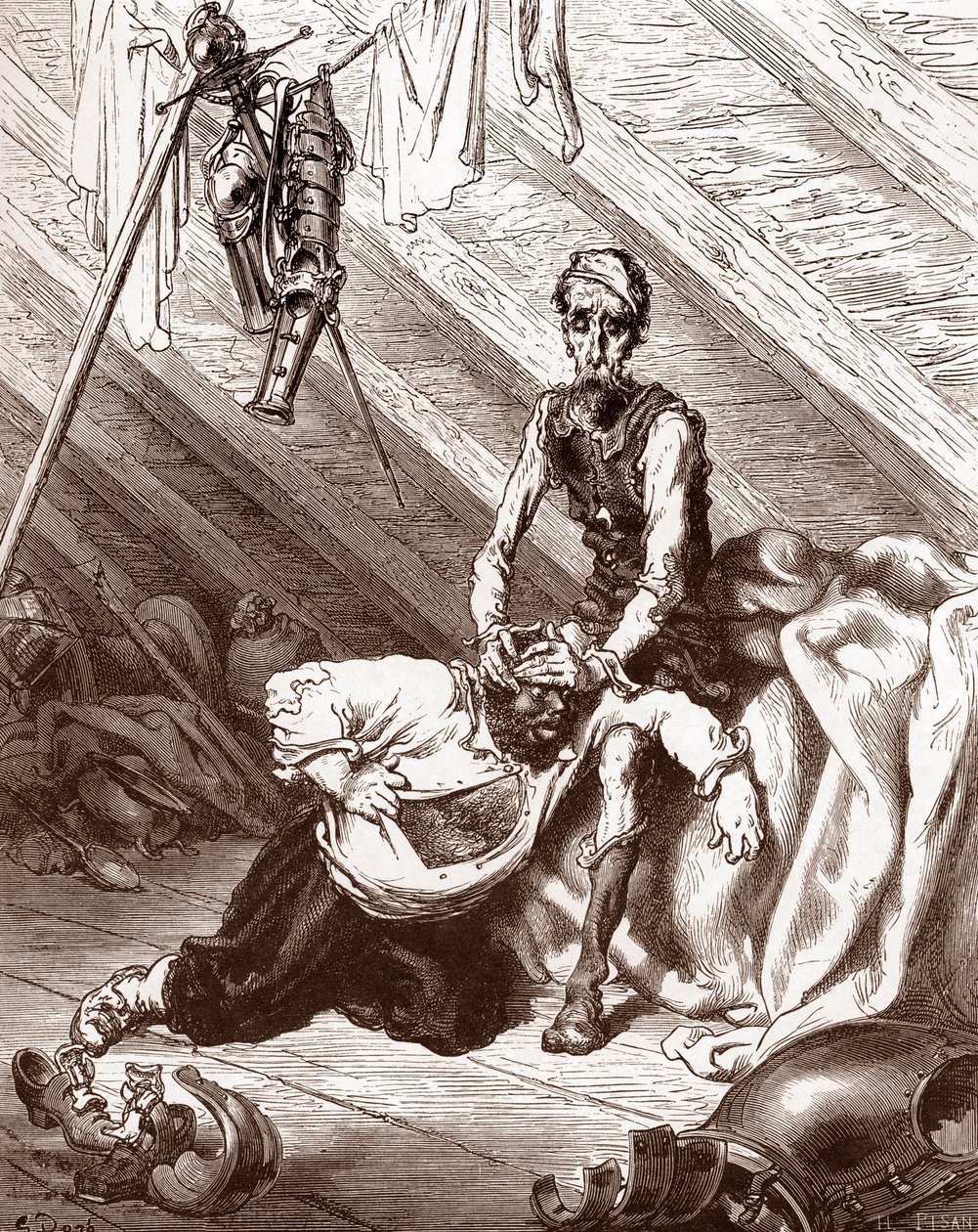 Špatné účinky elixíru Fierabras (Špatné účinky léku, který měl léčit Sanchovy modřiny) Rytina Gustava Dore (1832-1883) pro „L
