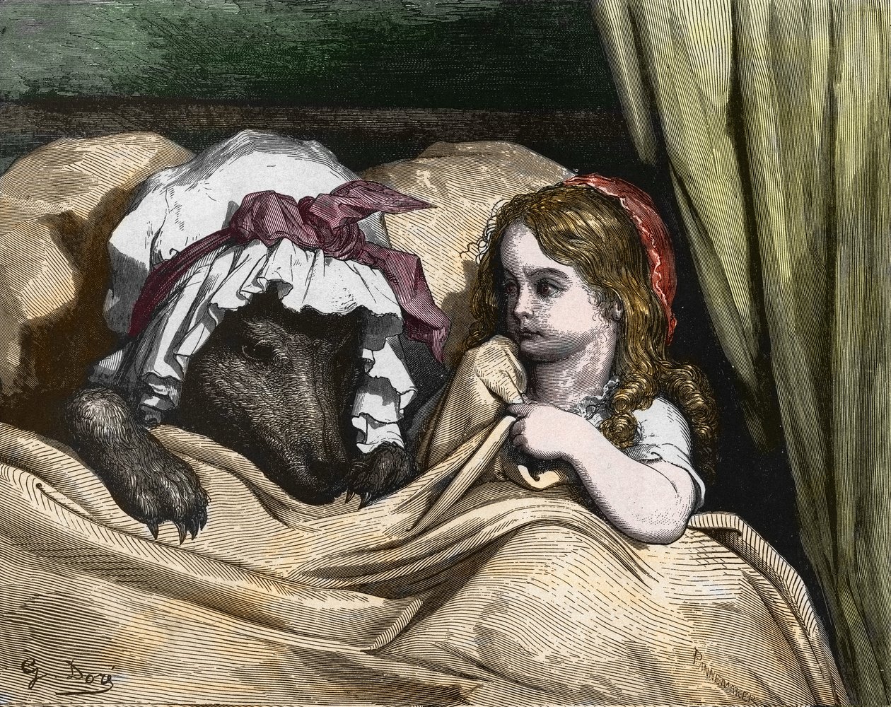 Červená karkulka a vlk nemají rádi babičku. Ilustrace Gustave Dore od Gustave Dore