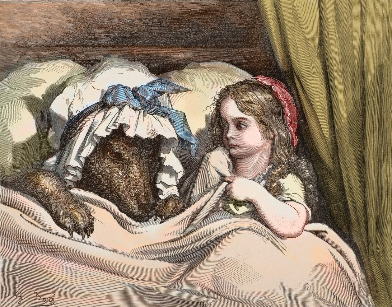 Červená karkulka a vlk nemají rádi babičku. Ilustrace „The Tales“ od Charlese Perraulta (1628-1703) od Gustava Dore (1832-1883) 1867 - Červená karkulka - Gustave Dore (1832-1883) Rytina od Gustave Dore