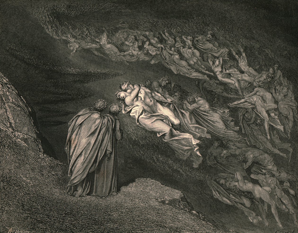 Láska nás přivedla k jedné smrti: Caina čeká na duši, která rozdělila náš život, c1890. od Gustave Dore