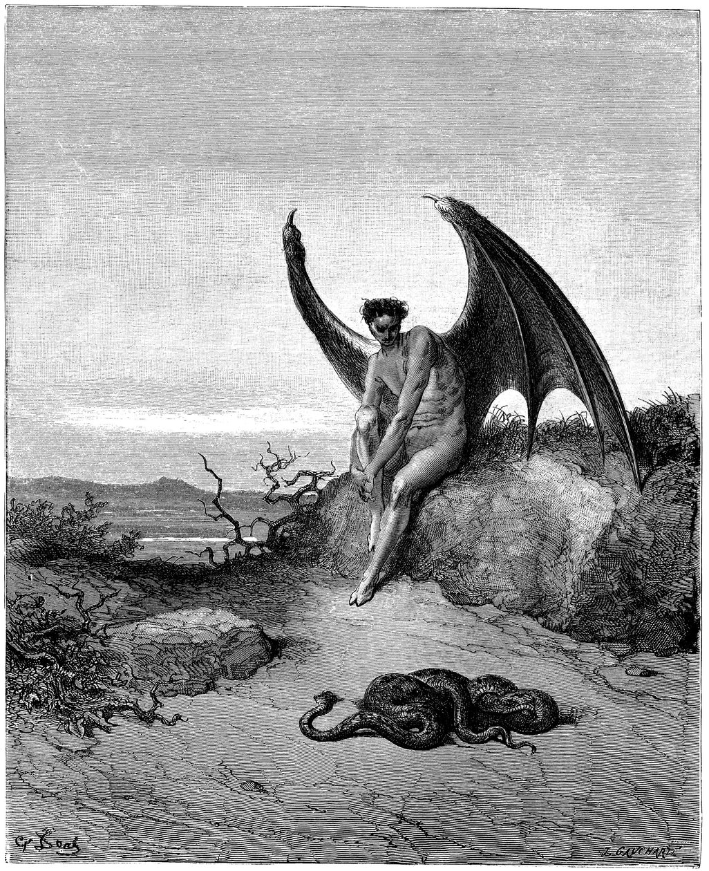 Lucifer (Satan, anděl dechu, spadl z nebe na Zemi) se setkává s hadem. Ilustrace Gustava Dora ke knize Ztracený ráj od Johna Miltona (1608-1674). Rytina z roku 1866. Soukromá sbírka od Gustave Dore