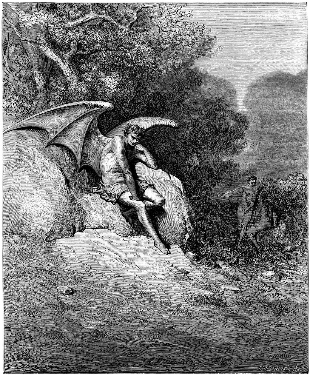 Lucifer (Satan, anděl dechu, spadl z nebe na zem) se projevil tím, že zvrátil Adama a Evu. Ilustrace Gustava Doreho ke knize Ztracený ráj od Johna Miltona (1608-1674). Rytina z roku 1866. Soukromá sbírka od Gustave Dore