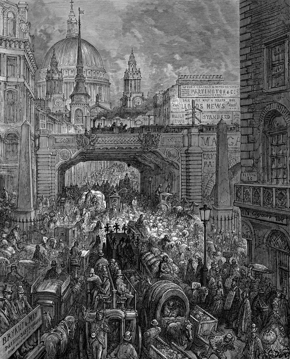 "Ludgate Hill": Od Gustava Dora a Blancharda Jerrolda Londýn: Poutní Londýn 1872. Scéna dopravní zácpy, železniční viadukt (uprostřed) a kopule katedrály sv. Pavla. Dřevoryt od Gustave Dore