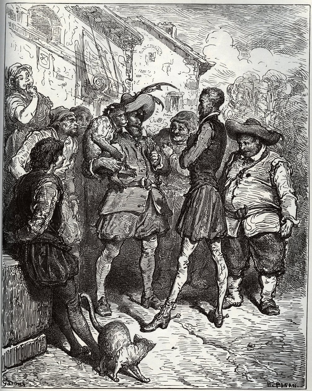 Maese Pedro a věštecká opice - z „Don Quijote de la Mancha“ od Miguela Cervantese (1547-1616) (Don Quijote) - dřevořez podle kresby Gustava Dore od Gustave Dore