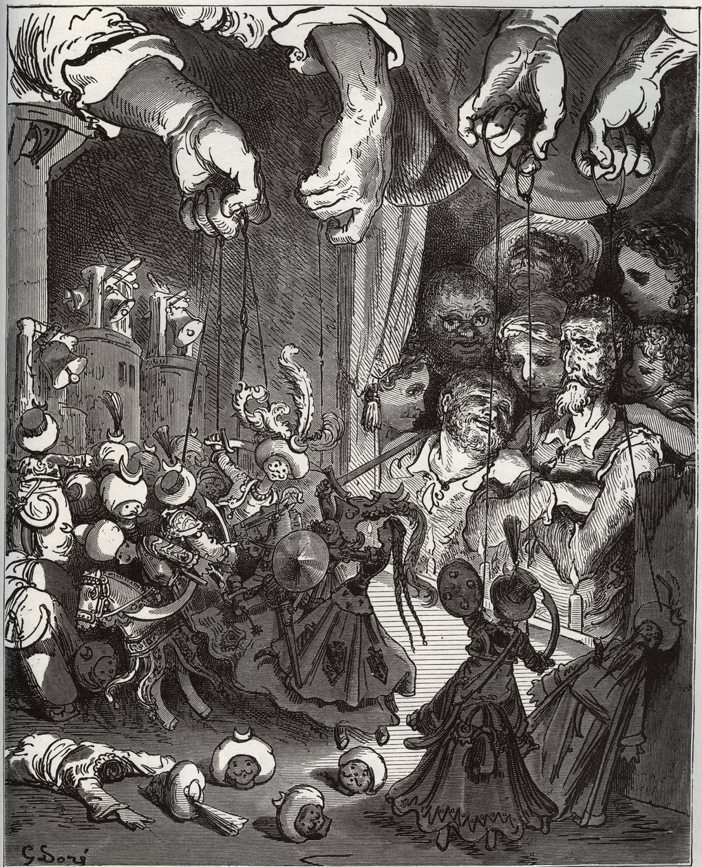 Loutkové divadlo Maese Pedra - z „Don Quijote de la Mancha“ od Miguela Cervantese (1547-1616) (Don Quijote) - dřevořez podle kresby Gustava Dore od Gustave Dore
