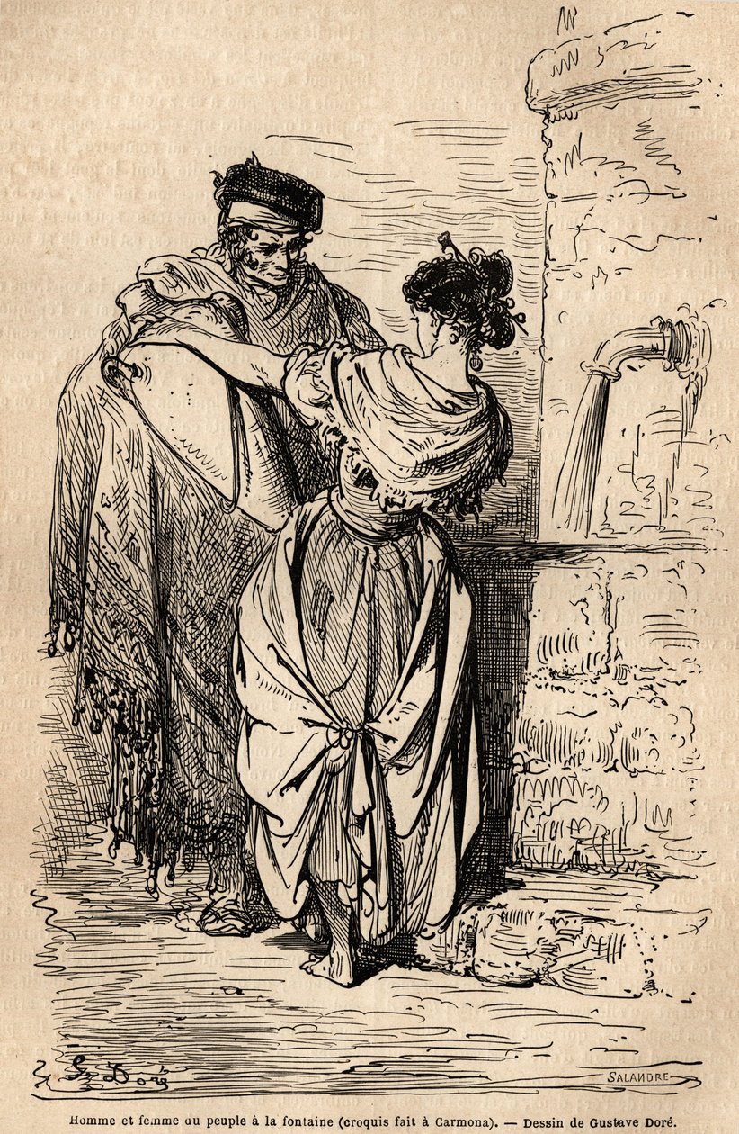 Muž a žena z lidu mají fontánu v Carmoně, vesnici nedaleko Sevilly. Skica pořízená naživo Gustavem Dorem (1832-1883). Rytina pro ilustraci plavby ve Španělsku, v roce 1862 od Charlese Davilliera a Gustava Dorea, v „Le tour du monde, nouveau od Gustave Dore