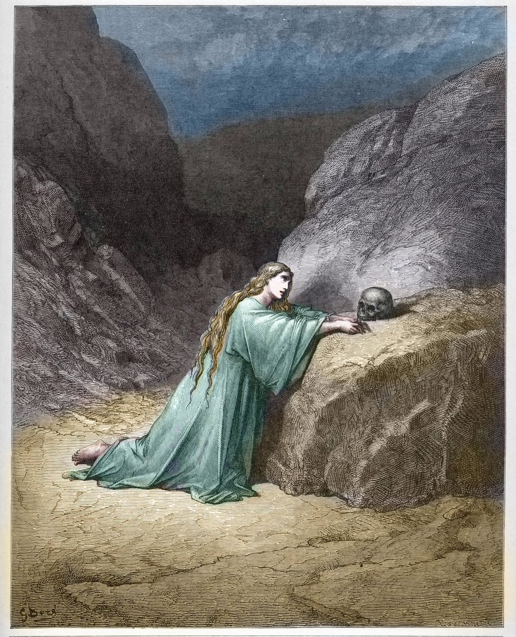 Marie Magdalena kající (Kající se Marie Magdalena) - - rytina v „The Bible illustree“ od Gustava Dore (1832-1883) - Rytina z „“The Dore Bible““ od Gustave Dore