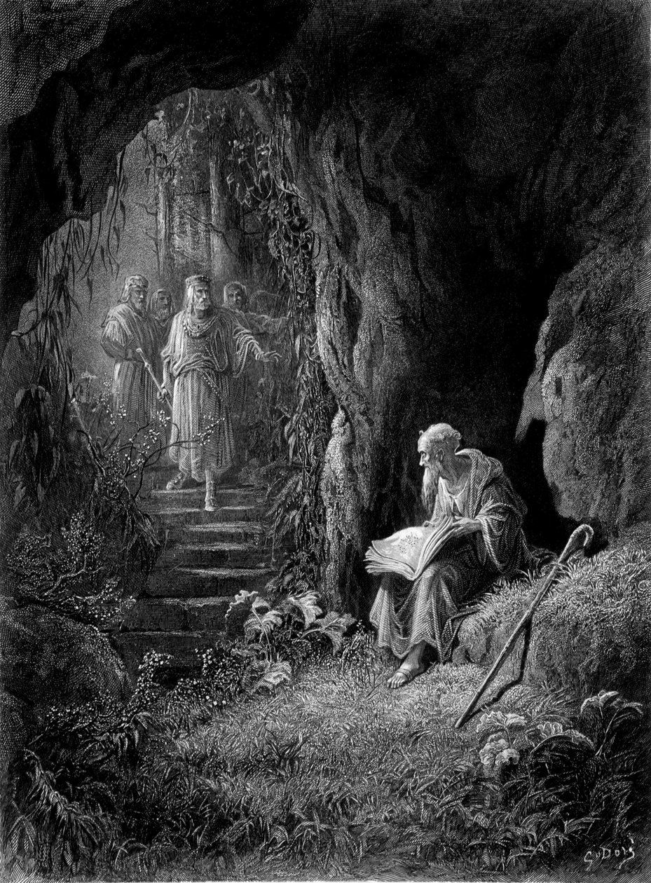 Merlin objevený důstojníky krále Artuše v Broceliande Forest (Cycle des chevaliers de la Table Ronde) – v „“Viviane”” od Alfreda Tennysona, ilustrace G. Doré od Gustave Dore