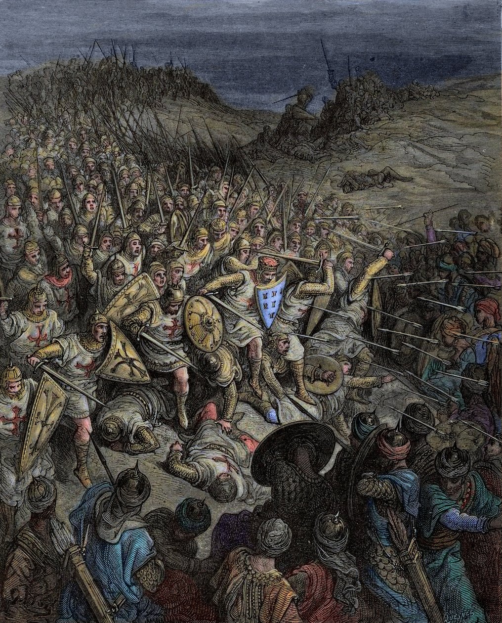 Středověk: První křížová výprava. Křížová výprava Godefroy de Bouillon porážející muslimské síly (Turky ze sultanátu Rum) sultána Kilije Arslana a Dorylee (Dorylaeum, Dorylaion) v Malé Asii od Gustave Dore